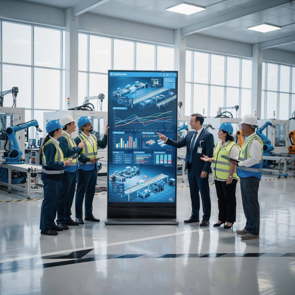 group of people in workers clothing and man in suit looking at big screen on the workfloor